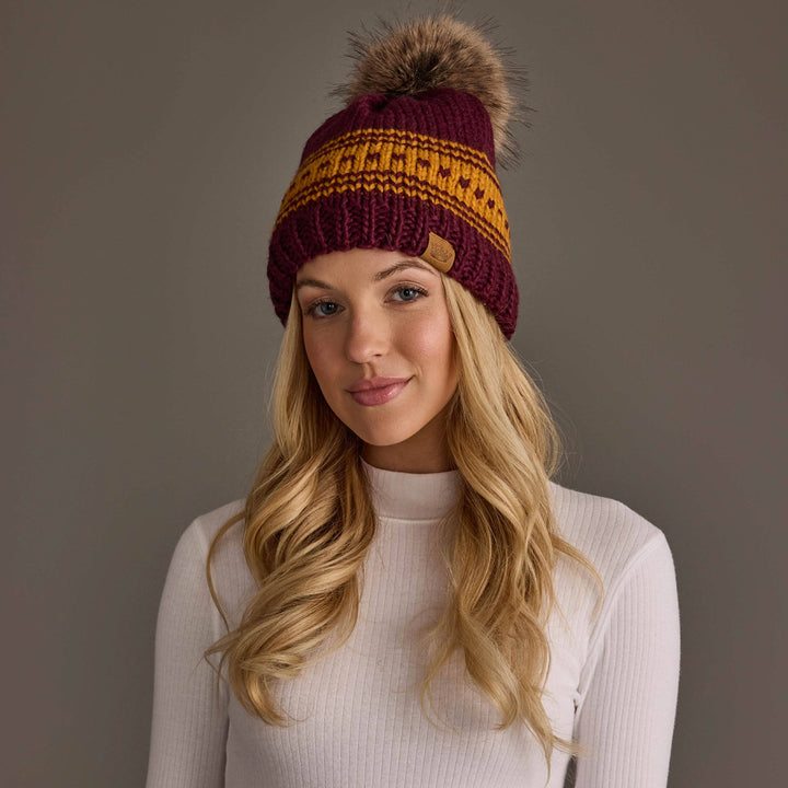 Maroon & Gold Patterned Knit Pom Hat