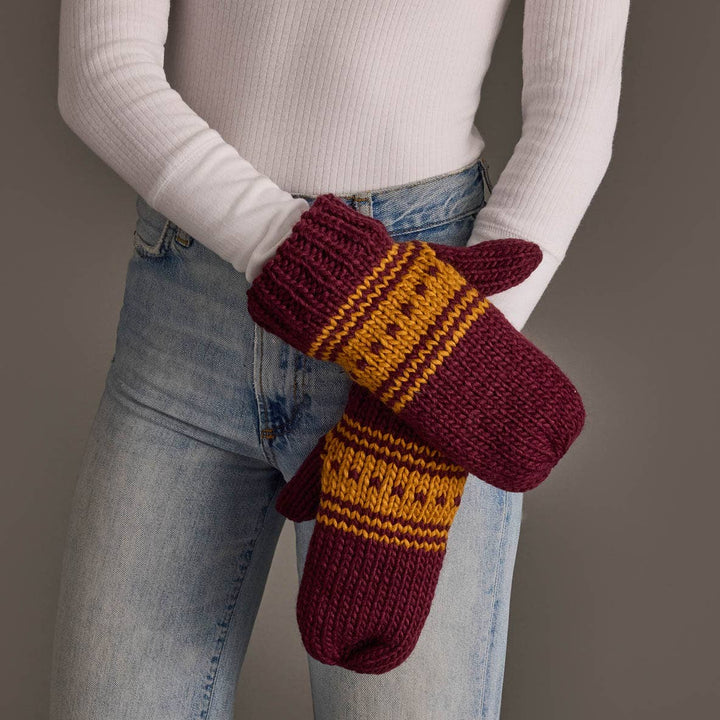 Maroon & Gold Patterned Knit Mittens