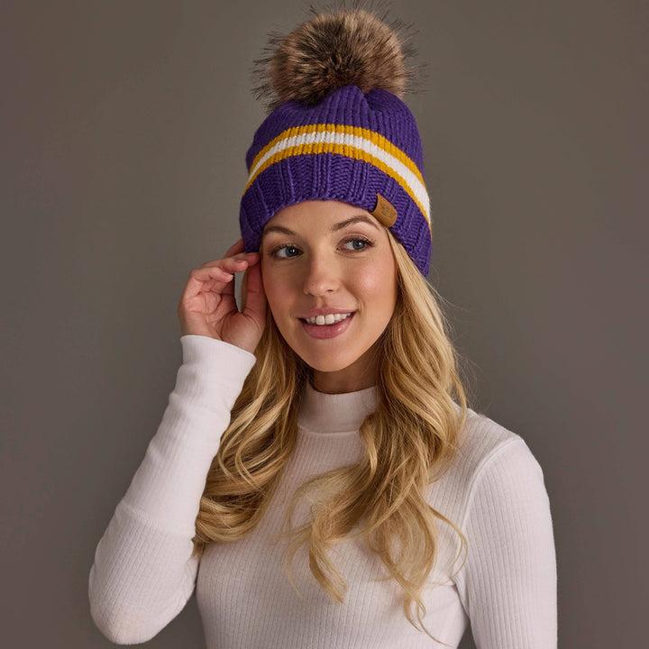 Purple, Gold & White Knit Pom Hat