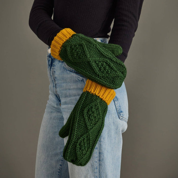 Green & Gold Trim Cable Knit Mittens
