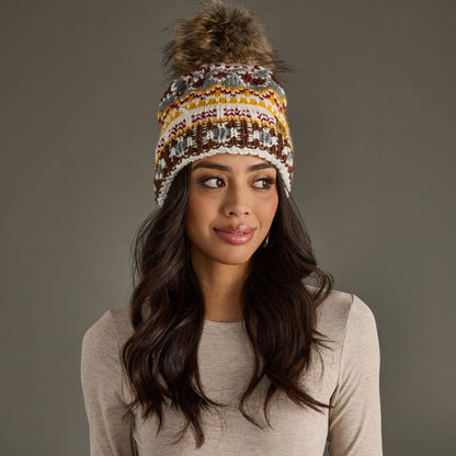 Ivory, Red & Gold Patterned Pom Hat