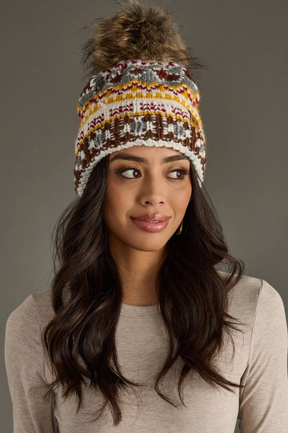Ivory, Red & Gold Patterned Pom Hat