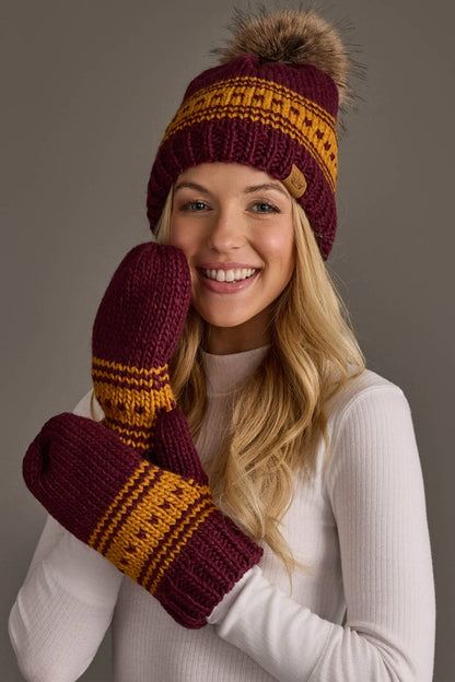 Maroon & Gold Patterned Knit Mittens