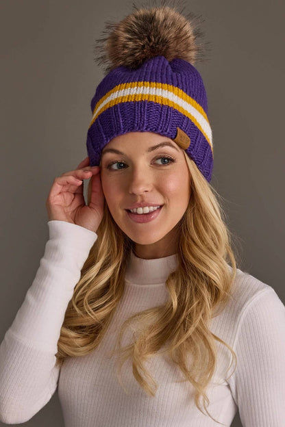 Purple, Gold & White Knit Pom Hat
