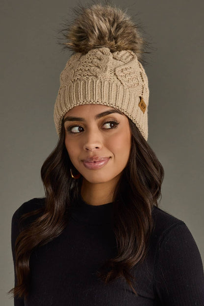 Taupe Cable Knit Pom Hat