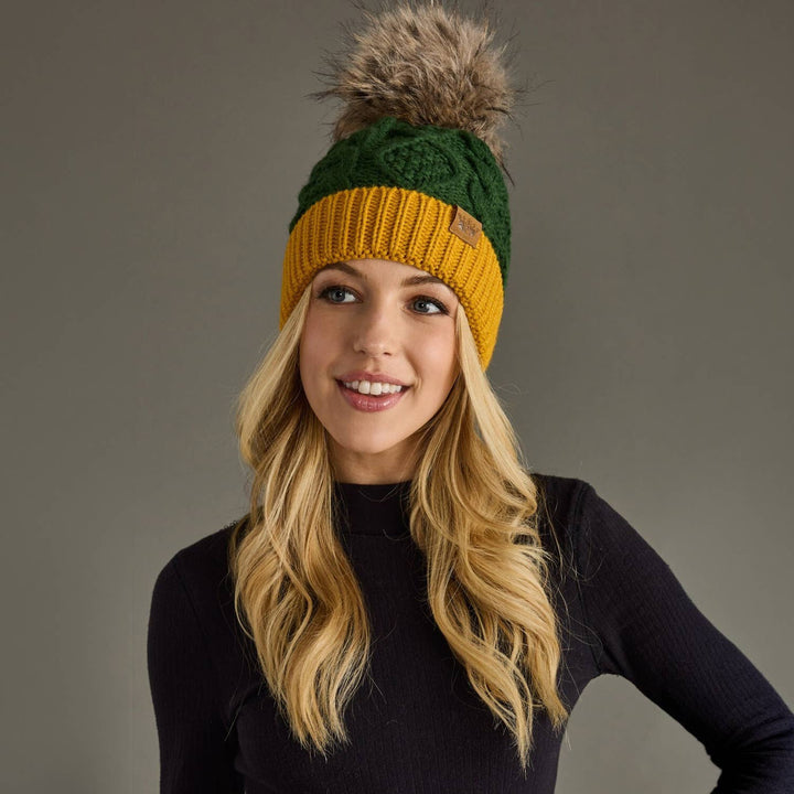 Green & Gold Trim Cable Knit Pom Hat