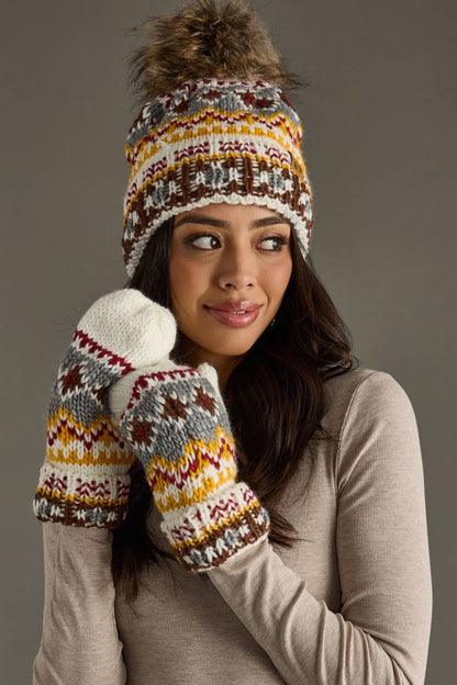 Ivory, Red & Gold Patterned Mittens
