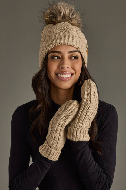 Taupe Cable Knit Pom Hat