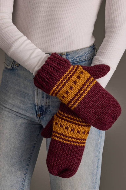 Maroon & Gold Patterned Knit Mittens